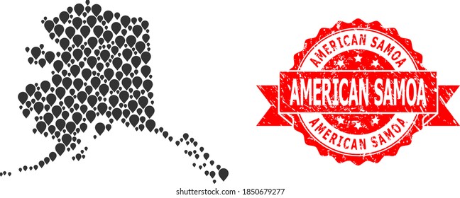 Target collage map of Alaska State and grunge ribbon seal. Red stamp seal includes American Samoa caption inside ribbon. Abstract map of Alaska State is formed with random destination symbols.