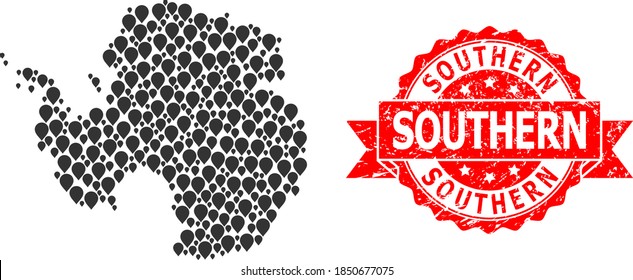 Target collage map of Antarctica and grunge ribbon seal. Red stamp seal contains Southern title inside ribbon. Abstract map of Antarctica is organized with randomized guide icons. Abstract plan.