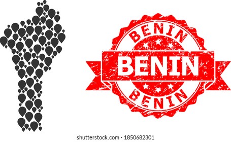 Mapa del collage objetivo de Benín y sello de cinta gruesa. El sello rojo contiene el título de Benín dentro de la cinta. El mapa abstracto de Benín está diseñado a partir de símbolos de pines aleatorizados. Esquema abstracto.