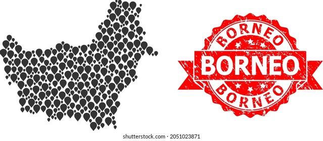 Target collage map of Borneo Island and grunge ribbon seal. Red seal contains Borneo caption inside ribbon. Abstract map of Borneo Island is organized with scattered pin items. Abstract scheme.