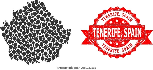 Target collage map of Cuenca Province and scratched ribbon seal. Red stamp seal includes Tenerife, Spain tag inside ribbon. Abstract map of Cuenca Province is constructed of scattered marker icons.