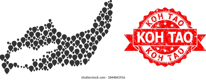 Target collage map of Great Inagua Island and scratched ribbon seal. Red stamp seal has Koh Tao tag inside ribbon. Abstract map of Great Inagua Island is designed with randomized pinpoint icons.
