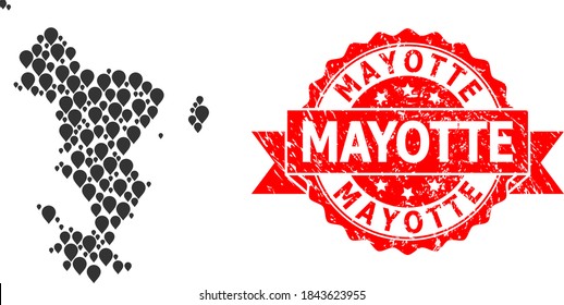 Target collage map of Mayotte Islands and scratched ribbon stamp. Red stamp contains Mayotte caption inside ribbon. Abstract map of Mayotte Islands is composed from scattered marker elements.