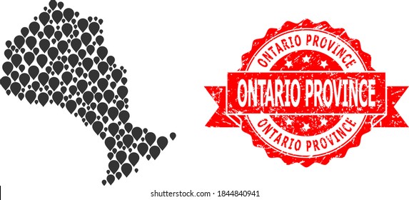 Target collage map of Ontario Province and grunge ribbon stamp. Red stamp has Ontario Province title inside ribbon. Abstract map of Ontario Province is created from scattered destination symbols.