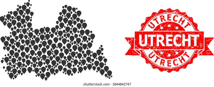 Ziel-Collage-Karte der Provinz Utrecht und Grunge Band-Siegel. Rote Stempelrobbe enthält Utrecht-Bildunterschrift in der Schleife. Die abstrakte Landkarte der Provinz Utrecht besteht aus randomisierten Zielsymbolen.