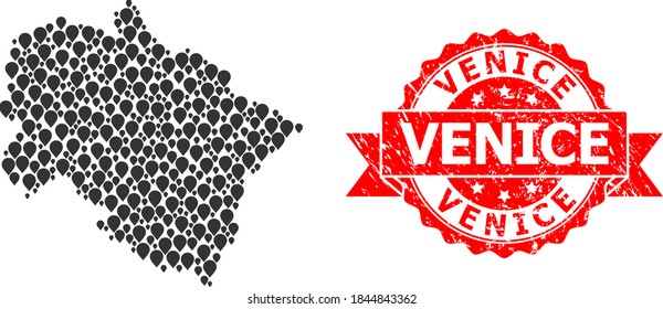 Ziel Collage Karte des Uttarakhand-Staates und Grunge Band Stempel. Rote Stempelrobbe enthält Venedig-Anhänger im Band. Die abstrakte Karte des Bundesstaates Uttarakhand besteht aus verstreuten Zielsymbolen.