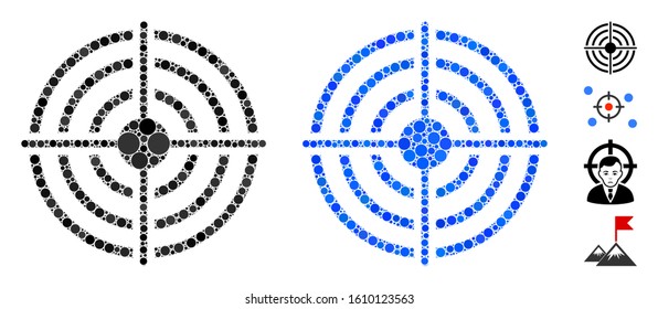 Target composition of filled circles in different sizes and shades, based on target icon. Vector filled circles are combined into blue illustration. Dotted target icon in usual and blue versions.