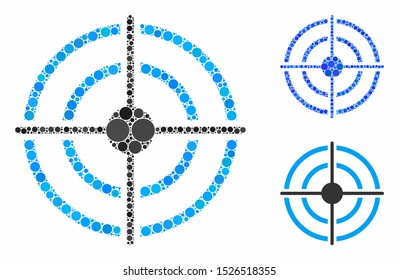 Target composition for target icon of spheric dots in variable sizes and color tones. Vector round dots are united into blue composition. Dotted target icon in usual and blue versions.