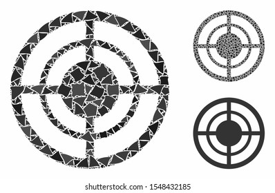 Target composition of ragged elements in variable sizes and shades, based on target icon. Vector tremulant elements are combined into composition. Target icons collage with dotted pattern.