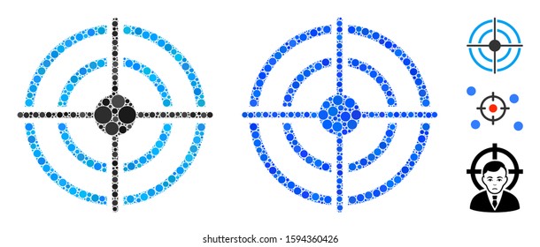 Target composition of small circles in various sizes and color tints, based on target icon. Vector small circles are organized into blue composition. Dotted target icon in usual and blue versions.
