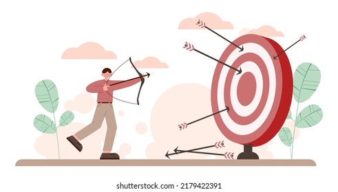 Target concept. Ambitious characters aiming in target and shooting with arrow. Idea of success and motivation, determination or inspiration to improve. Flat vector illustration