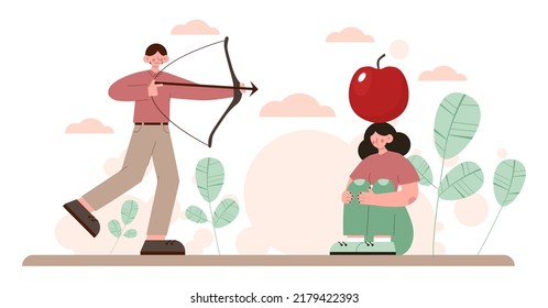 Target concept. Ambitious characters aiming in target and shooting with arrow. Idea of success and motivation, determination or inspiration to improve. Flat vector illustration