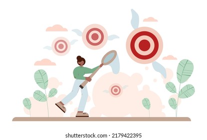 Target concept. Ambitious characters aiming in target and shooting with arrow. Idea of success and motivation, determination or inspiration to improve. Flat vector illustration