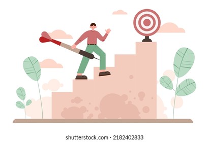 Target concept. Ambitious characters aiming in target and shooting with arrow. Idea of success and motivation, determination or inspiration to improve. Flat vector illustration