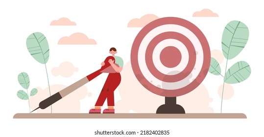 Target concept. Ambitious characters aiming in target and shooting with arrow. Idea of success and motivation, determination or inspiration to improve. Flat vector illustration