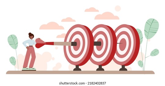 Target concept. Ambitious characters aiming in target and shooting with arrow. Idea of success and motivation, determination or inspiration to improve. Flat vector illustration