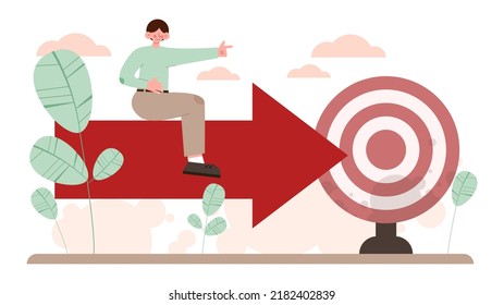 Target concept. Ambitious characters aiming in target and shooting with arrow. Idea of success and motivation, determination or inspiration to improve. Flat vector illustration