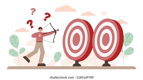 Target concept. Ambitious characters aiming in target and shooting with arrow. Idea of success and motivation, determination or inspiration to improve. Flat vector illustration