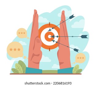 Target concept. Ambitious characters aiming in target and shooting with arrow. Idea of success and motivation, determination or inspiration to improve. Flat vector illustration