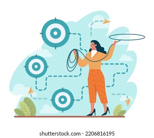 Target concept. Ambitious characters aiming in target and shooting with arrow. Idea of success and motivation, determination or inspiration to improve. Flat vector illustration