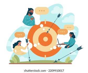 Target concept. Ambitious characters aiming in target and shooting with arrow. Idea of success and motivation, determination or inspiration to improve. Flat vector illustration