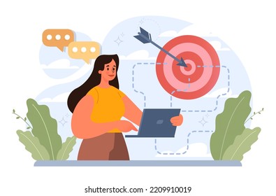 Target concept. Ambitious characters aiming in target and shooting with arrow. Idea of success and motivation, determination or inspiration to improve. Flat vector illustration