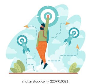 Target concept. Ambitious characters aiming in target and shooting with arrow. Idea of success and motivation, determination or inspiration to improve. Flat vector illustration