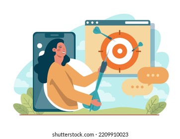 Target concept. Ambitious characters aiming in target and shooting with arrow. Idea of success and motivation, determination or inspiration to improve. Flat vector illustration