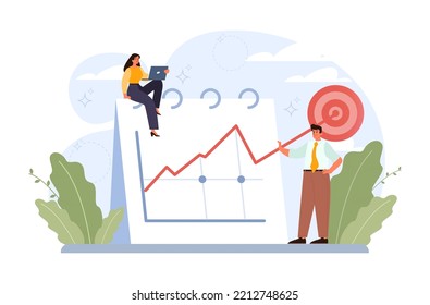 Target concept. Ambitious characters aiming in target and shooting with arrow. Idea of success and motivation, determination or inspiration to improve. Flat vector illustration