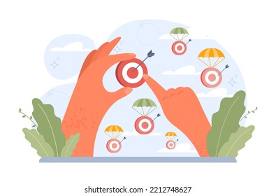 Target concept. Ambitious characters aiming in target and shooting with arrow. Idea of success and motivation, determination or inspiration to improve. Flat vector illustration