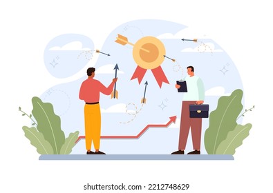 Target concept. Ambitious characters aiming in target and shooting with arrow. Idea of success and motivation, determination or inspiration to improve. Flat vector illustration