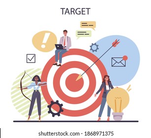 Target concept. Business promotion and product advertising. Audience identifying, data gathering, segmentation and advertising. Idea of marketing strategy. Isolated flat vector illustration