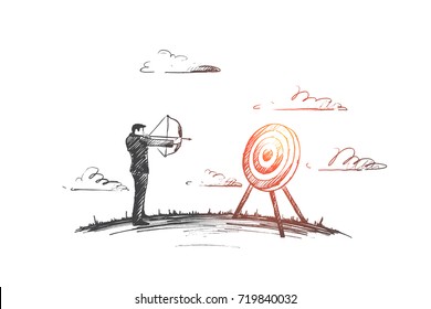 Target Concept. Hand Drawn Man Holding Target With A Dart In The Center. Concept Of Objective Attainment Isolated Vector Illustration.