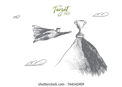 Target concept. Hand drawn superhero flying to top of high mountain. Flying hero going to achieve goal isolated vector illustration.