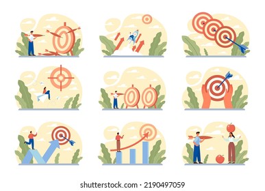 Target concept set. Ambitious characters aiming in target and shooting with arrow. Idea of success and motivation, determination or inspiration to improve. Flat vector illustration