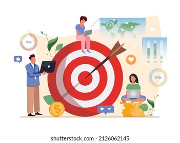 Target concept. Successful professional team achieves the goal. Digital marketing retargeting or remarketing. Goal, opportunities, achievement, teamwork, business, marketing vector illustration