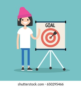 Target conceptual illustration. Young female with pink hat character pointing on a dartboard / flat editable vector illustration, clip art