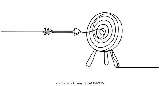 Target Continuous Line Illustration, Continuous line drawing of Target with arrows. Single line illustration of goal circle with three arrows in center, shot bullseye. Business strategy concept. Arrow
