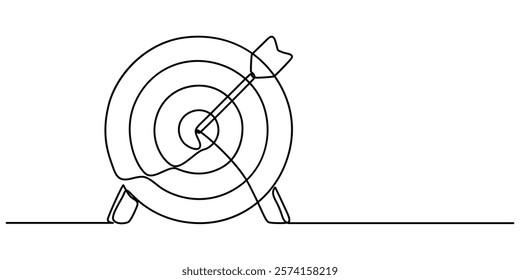 Target Continuous Line Illustration, Continuous line drawing of Target with arrows. Single line illustration of goal circle with three arrows in center, shot bullseye. Business strategy concept. Arrow