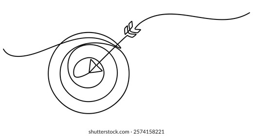 Target Continuous Line Illustration, Continuous line drawing of Target with arrows. Single line illustration of goal circle with three arrows in center, shot bullseye. Business strategy concept. Arrow