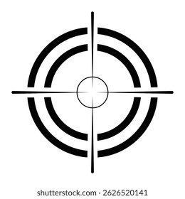 Target crosshair vector icon. Precision aiming symbol used in shooting, sniper scopes, video games, or tracking systems. Black clip art isolated on white background.