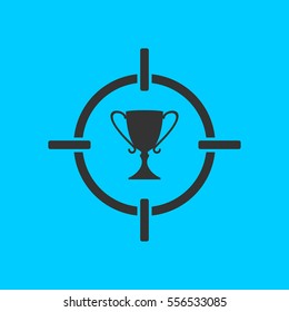 Target cup trophy icon flat. Simple vector black pictogram on blue background