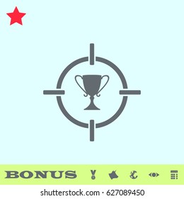 Target cup trophy icon flat. Grey pictogram on blue background. Vector illustration symbol and bonus buttons medal, cow, earth, eye, calculator