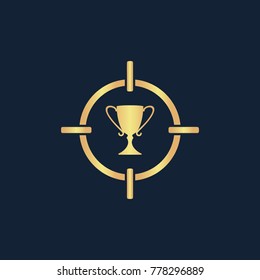 Target cup trophy icon flat. Simple gold pictogram on dark background. Vector illustration symbol