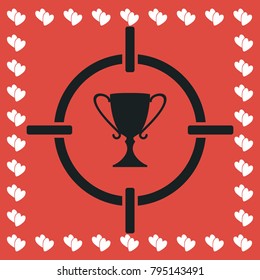 Target cup trophy icon flat. Simple black pictogram on red background with white hearts for valentines day. Vector illustration symbol