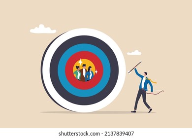 Target customer or target audience to aim for advertising, selected group to optimize ads or HR choose focused candidates concept, businessman marketer archer aim for customers in bullseye target.