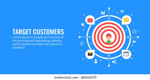 Target customer, audience engagement, target marketing flat design vector banner with icons isolated on blue background