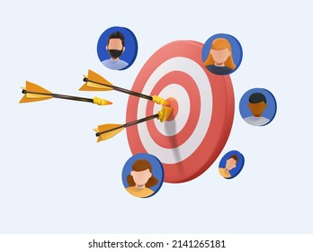 Target customer concept. Customer attraction campaign, accurate promo, advertising. 3D Web Vector Illustrations. Target customers, audience outreach, sales generation, flat design vector concept. 3D