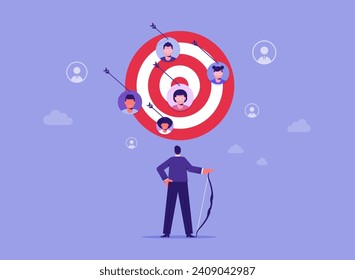 Target customer concept, customer attraction campaign, accurate promotion, advertising, businessman shooting bow on people target customer