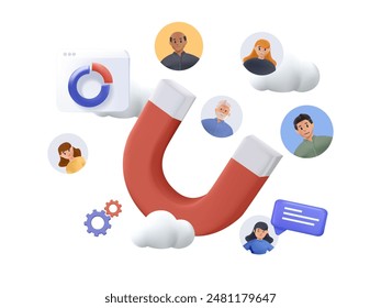 Target customer concept. Digital marketing. Magnet attracts leads, customer advertising campaign, accurate promo. 3D Web Vector Illustrations